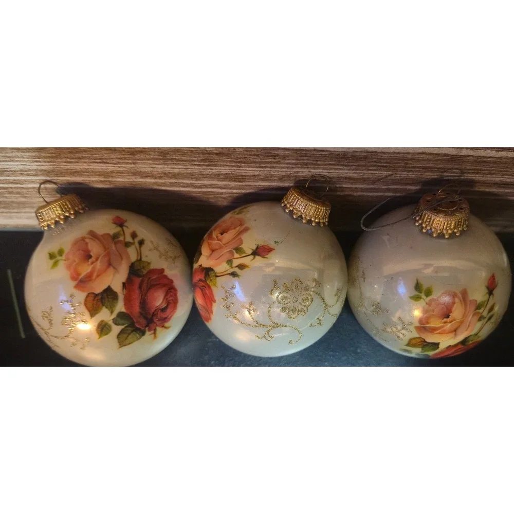 Vintage Style Glass Rose Christmas Ornaments Floral Gold Glitter Set of 3 White
